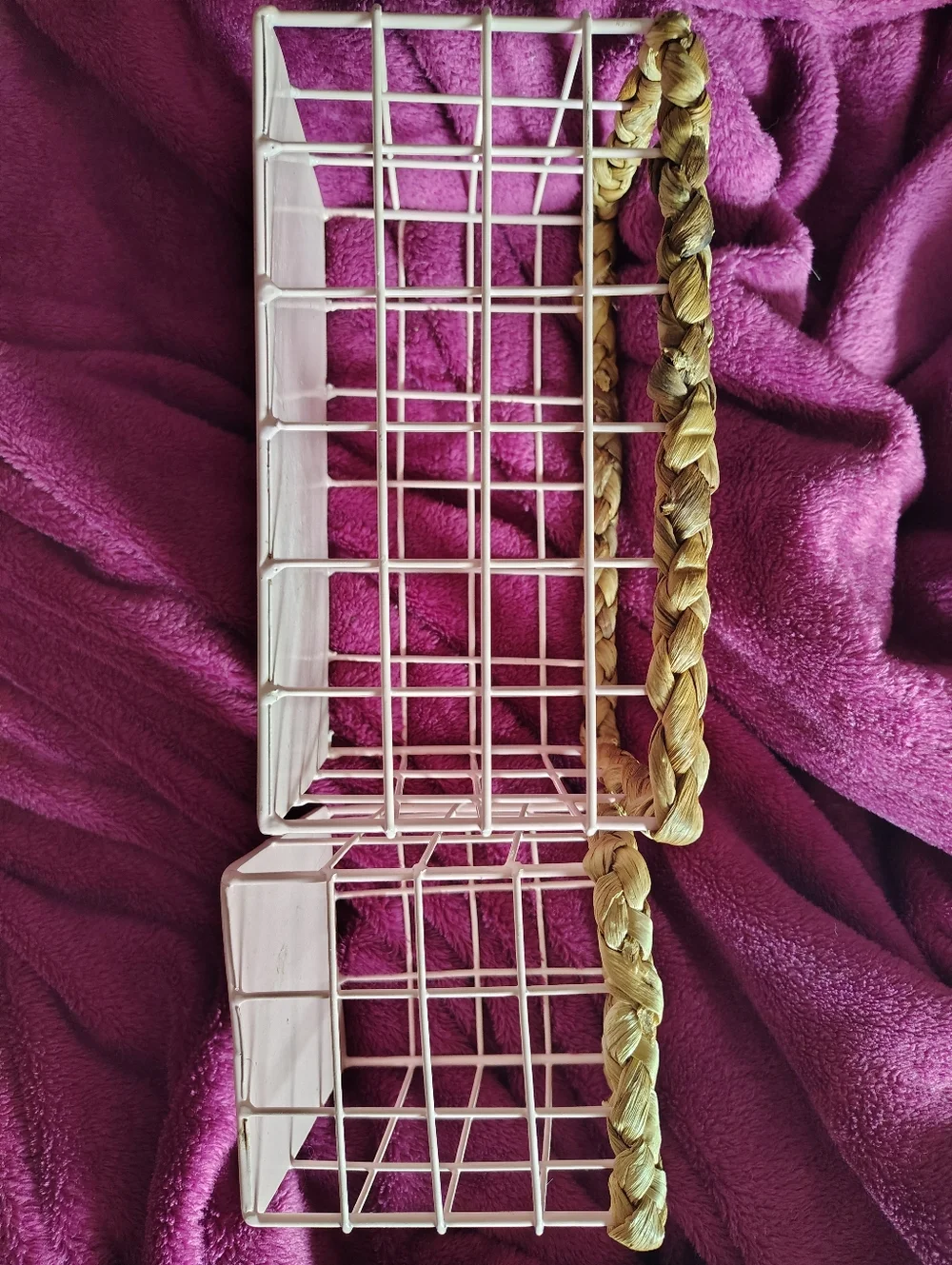Set Of 2 Pink Wire Baskets With Rattan Braided To